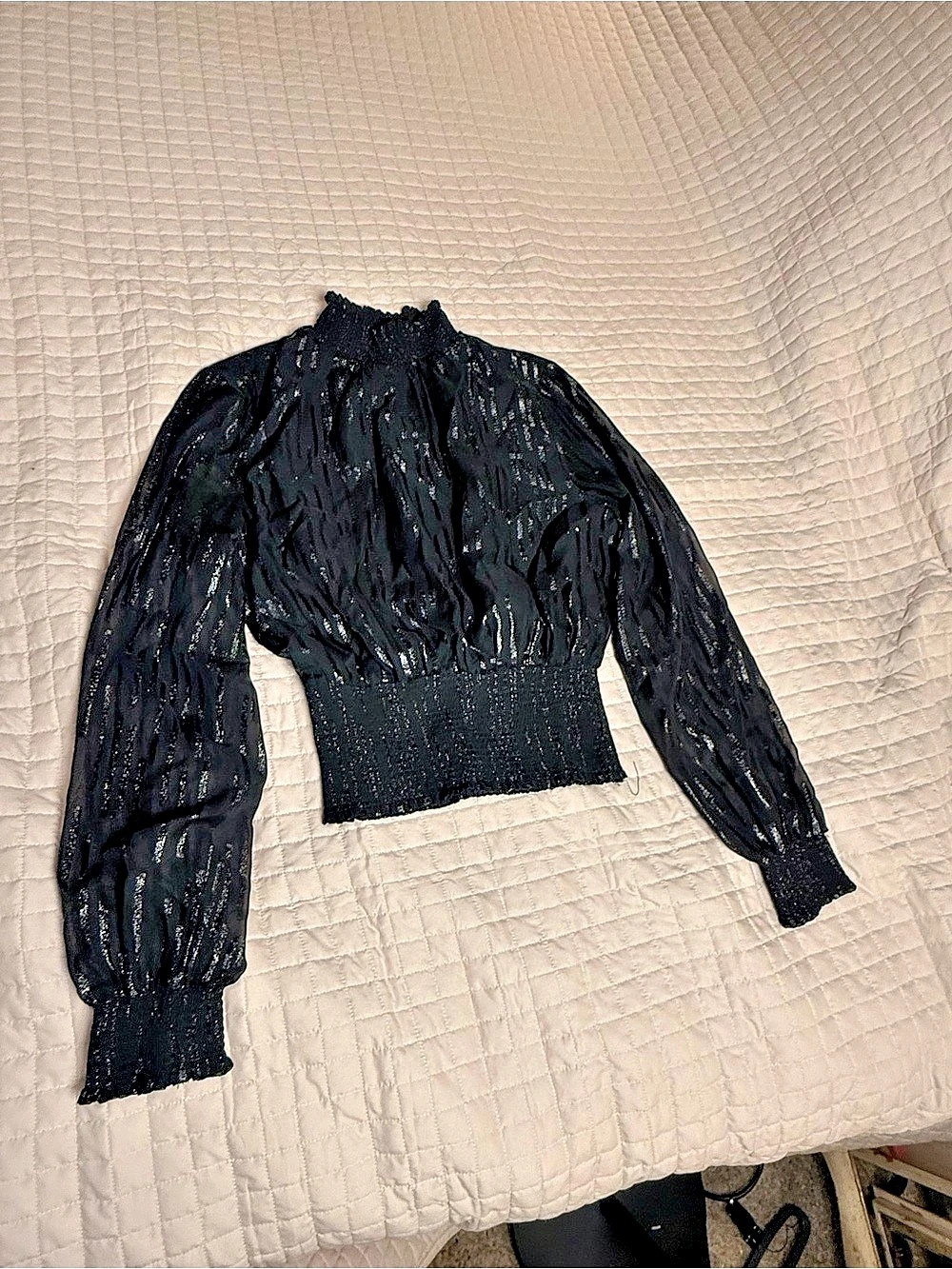Elan Semi Sheer Black smocked Blouse Metallic Detail Size Small Like New